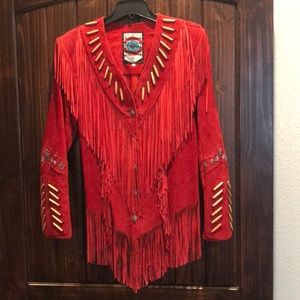 Gorgeous crimson red fringe leather jacket!